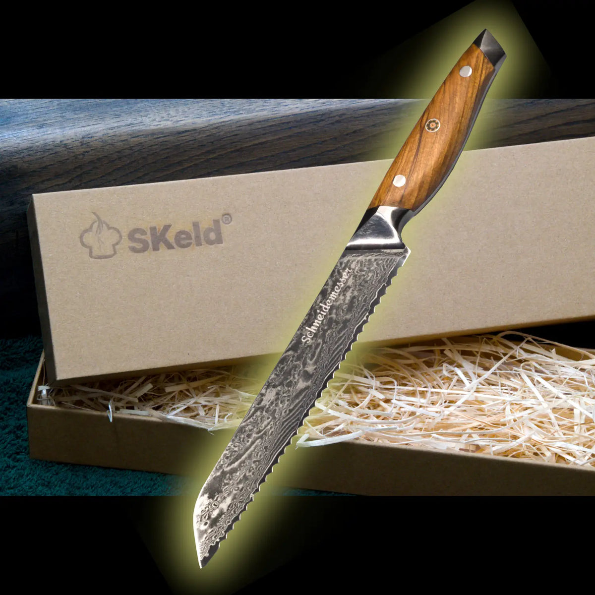 Damast Brotmesser 19 cm – Olivenholz | SKeld®