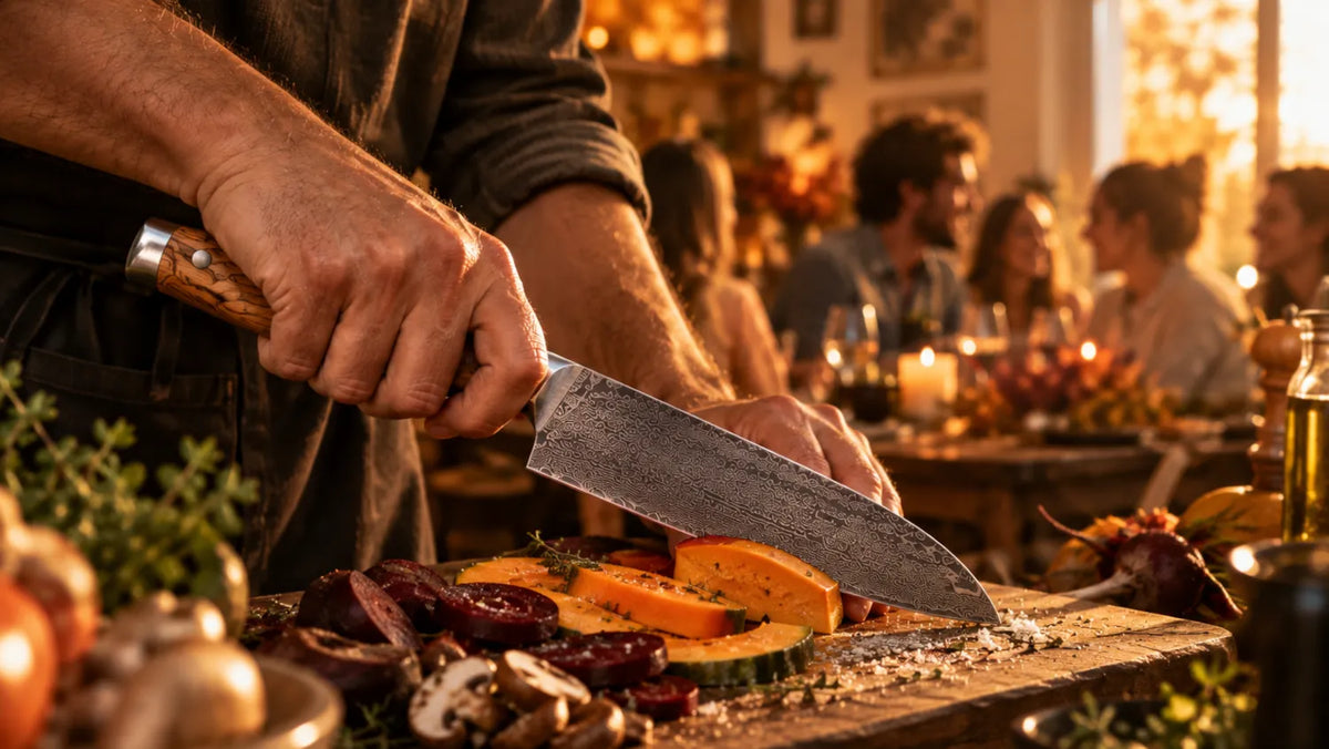 Ein Damastmesser mit Olivenholzgriff schneidet frisches Gemüse und Obst bei der Zubereitung in der Küche.