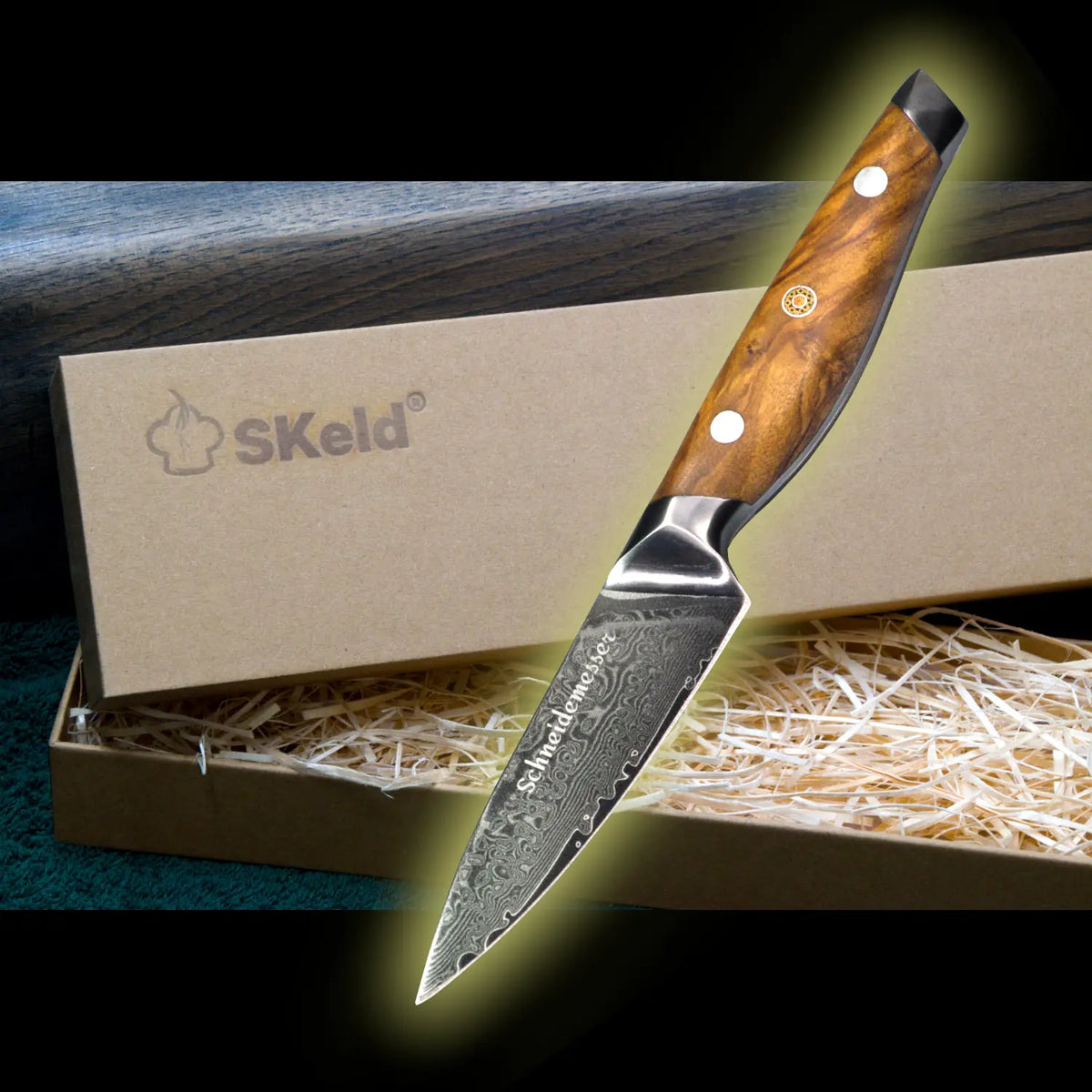 Damast Gemüsemesser 9,5 cm – Olivenholz | SKeld®