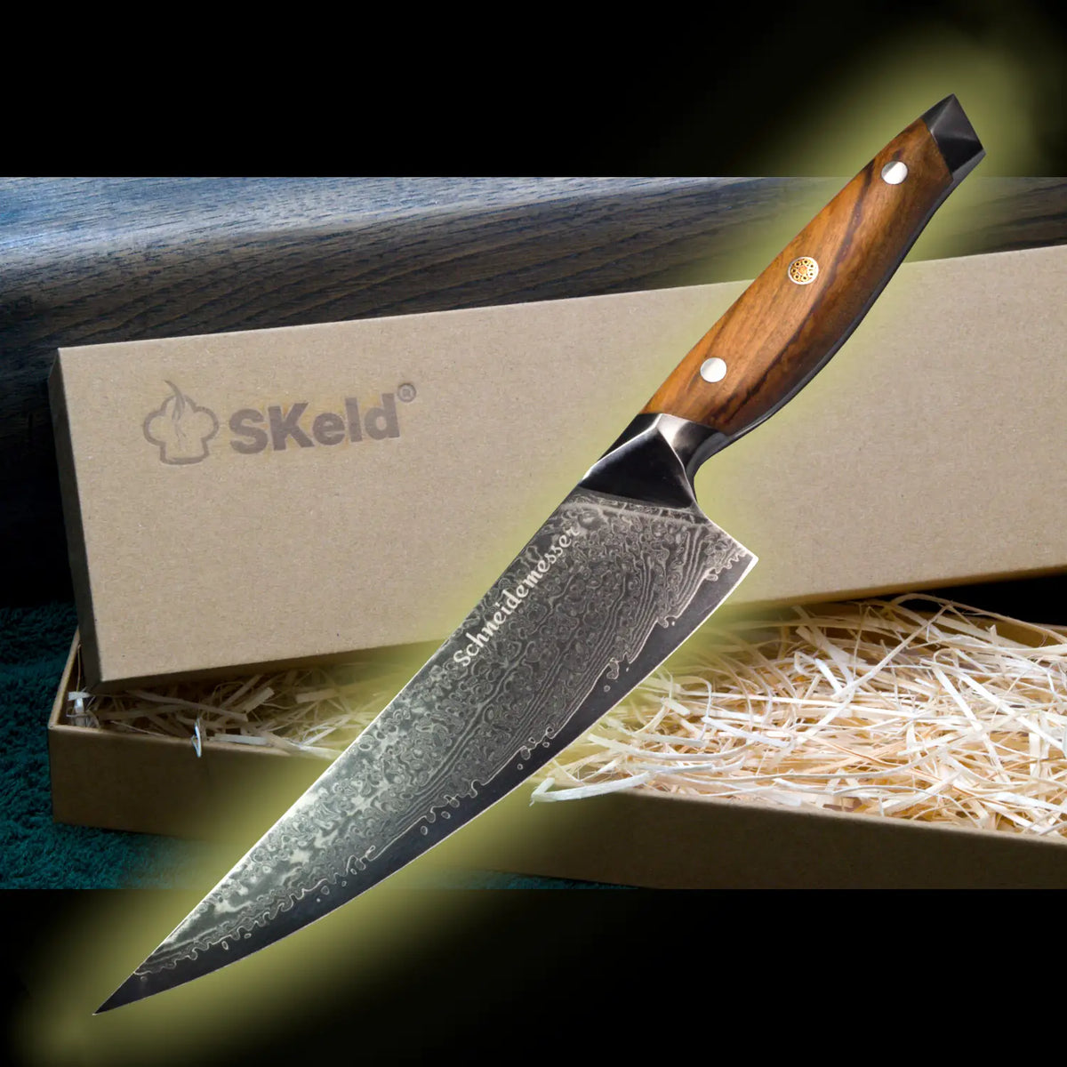 Couteau de cuisine Damas 20 cm – Bois d'olivier | SKeld®