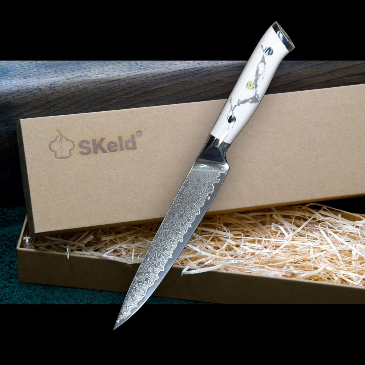 Damast Allzweckmesser 15 cm - Weißer Howlith-Griff | SKeld®