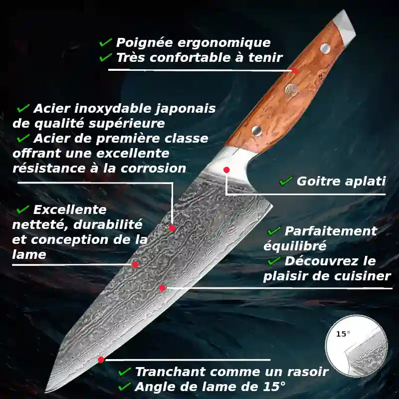 Avantages d'un couteau kiritsuke avec manche ergonomique en bois d'olivier et lame de haute qualité