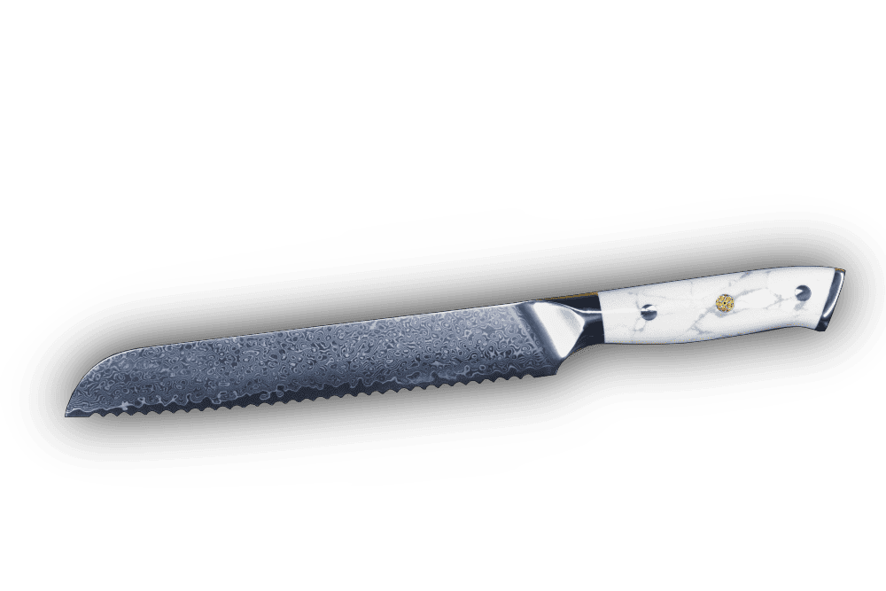 SKeld® Damast Brotmesser 21 cm mit silberfarbener Damastklinge und weißem Howlith-Mineralgriff