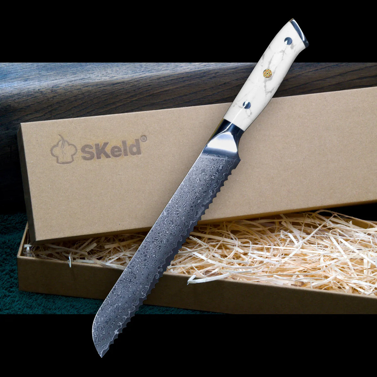 Damast Brotmesser 21 cm - Weißer Howlith-Griff | SKeld®