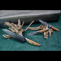 Das 3-teilige Damastmesser-Set mit VG10 Klingen aus 67 Lagen umfasst Allzweck-, Gemüse- und Kiritsukemesser mit Olivenholzgriff.