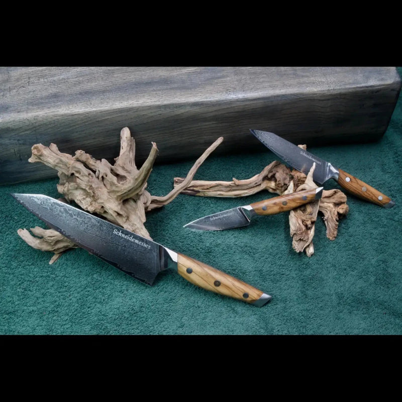 Das 3-teilige Damastmesser-Set mit VG10 Klingen aus 67 Lagen umfasst Allzweck-, Gemüse- und Kiritsukemesser mit Olivenholzgriff.