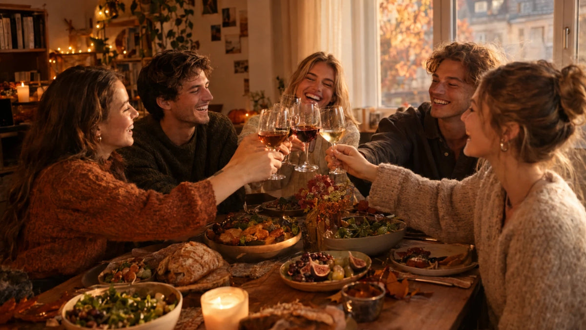Freunde und Familie genießen gemeinsam ein Essen, stoßen miteinander an und lachen ausgelassen in geselliger Runde.