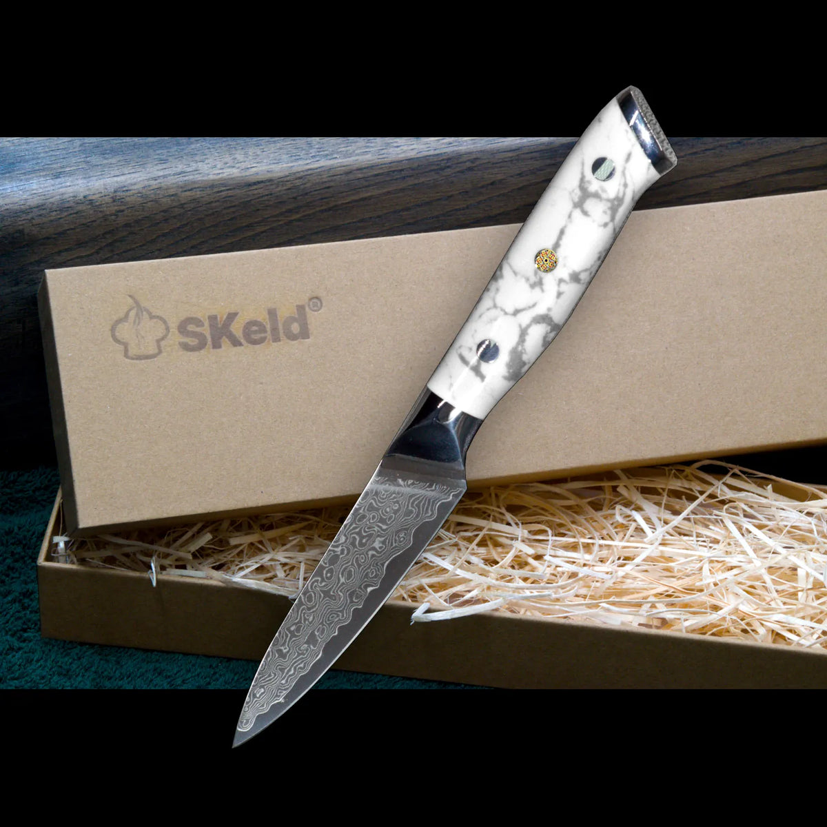 Damast Gemüsemesser 9,5 cm - Weißer Howlith-Griff | SKeld®