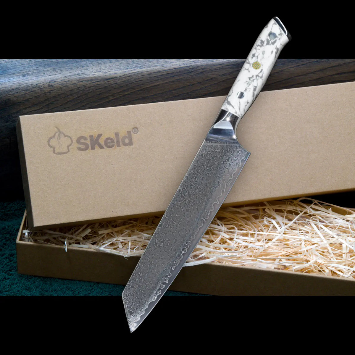 Damast Kiritsukemesser 21 cm - Weißer Howlith-Griff | SKeld®