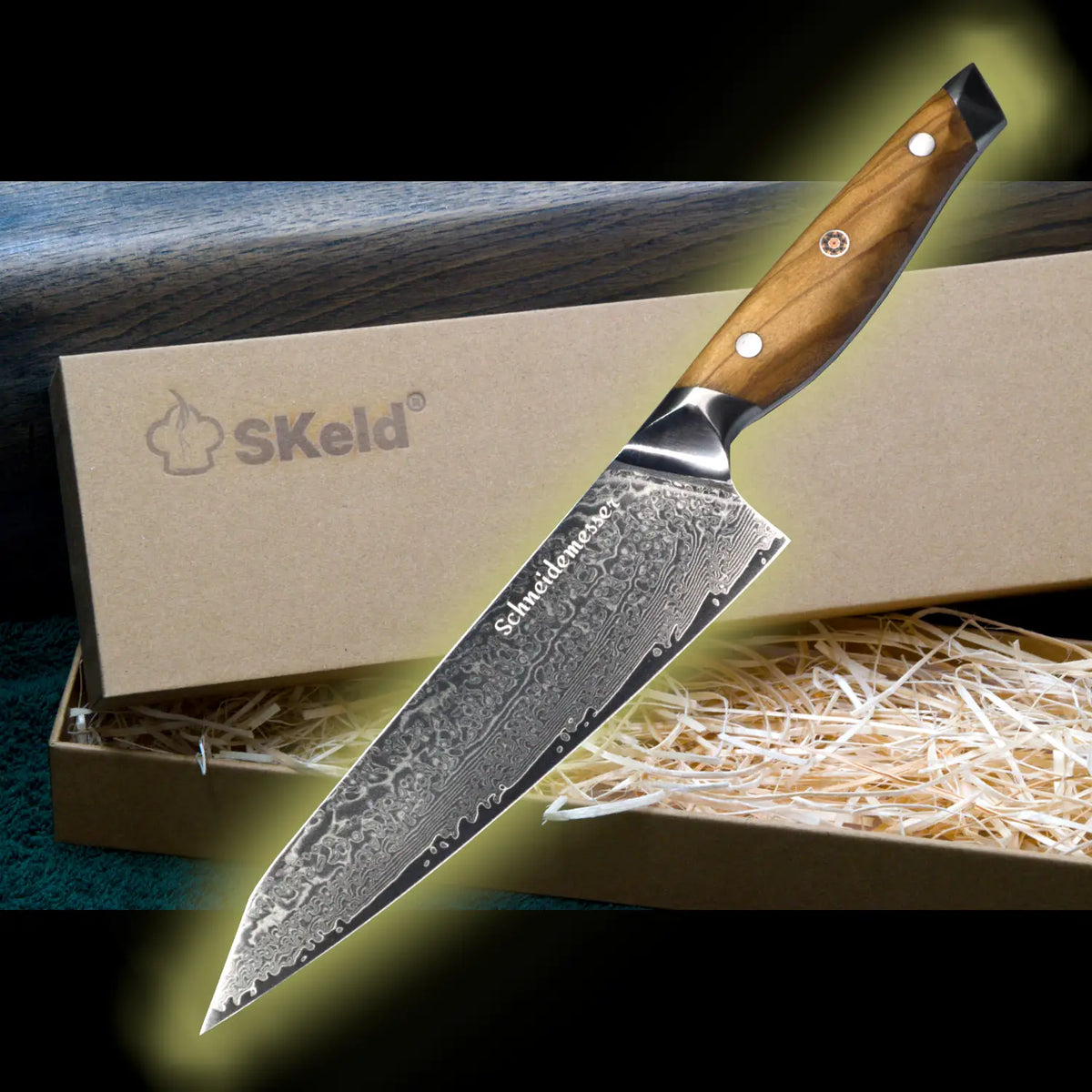 Damast Kiritsukemesser 20 cm – Olivenholz | SKeld®