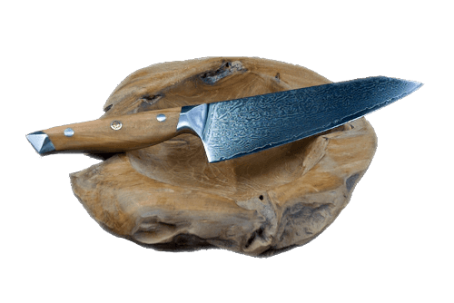 Kiritsukemesser aus VG10 Stahlkern mit 67 Lagen Damaststahl und Olivenholzgriff auf Holzschale