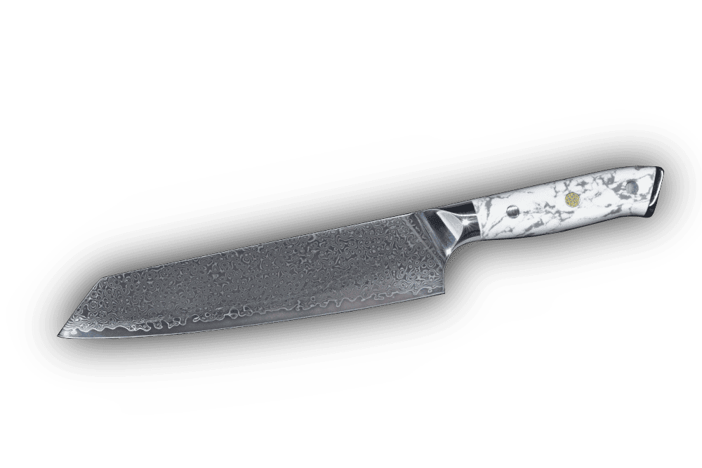 SKeld® Damast Kiritsukemesser 21 cm mit silberfarbener Damastklinge und weißem Howlith-Mineralgriff