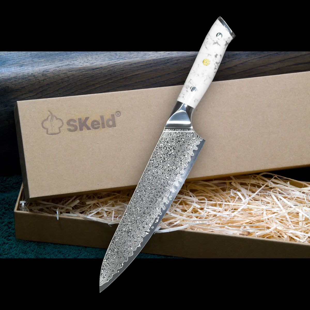 Couteau de cuisine Damas 21 cm - Manche en howlite blanche | SKeld®