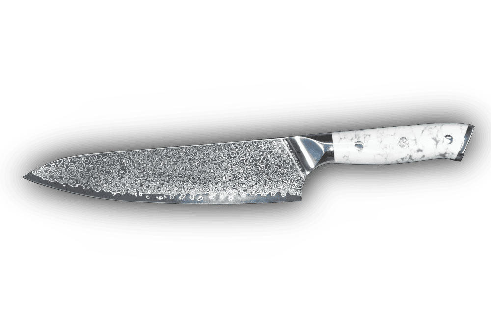 Damast Kochmesser 21 cm mit weißem Howlith-Mineralgriff und VG10 Kernstahl