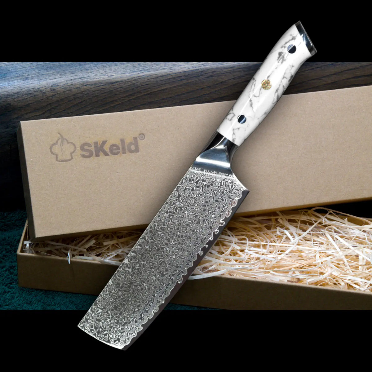 Couteau Nakiri en damas, 17 cm - Manche en howlite blanche | SKeld®