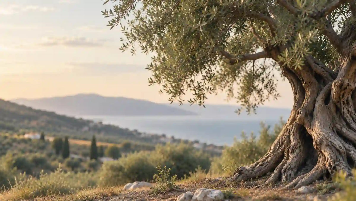 Alter Olivenbaum mit knorrigem Stamm in einer mediterranen Landschaft am Meer