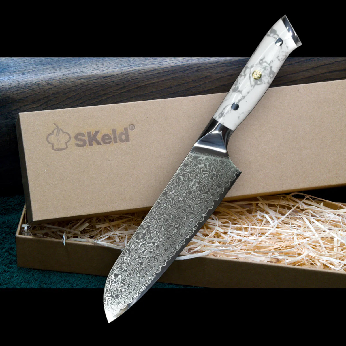 Damast Santokumesser 18 cm - Weißer Howlith-Griff | SKeld®