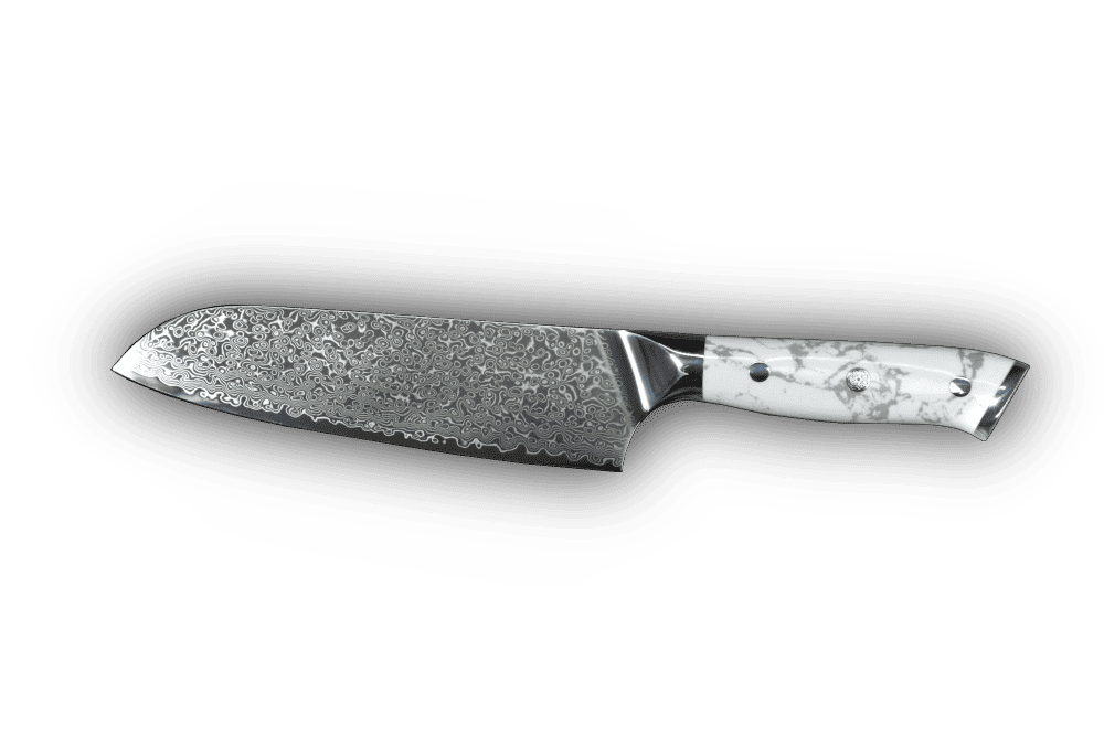 Damast Santokumesser 18 cm mit weißem Howlith-Mineralgriff und VG10 Kernstahl