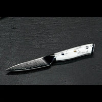 SKeld® Damast Gemüsemesser 9,5 cm mit silberfarbener Damastklinge und weißem Howlith-Mineralgriff