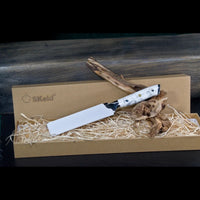 SKeld® Damast Gemüsemesser mit weißem Howlith-Mineralgriff in schwarzer Geschenkbox mit Holzwolle und weißem Klingenschutz