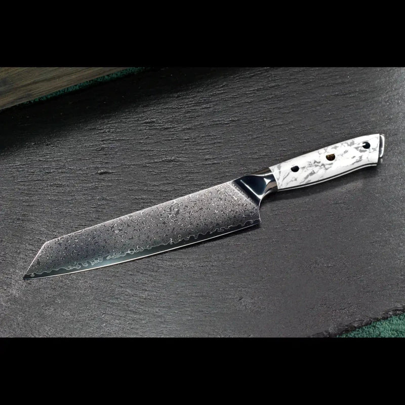 SKeld® Damast Kiritsukemesser 21 cm mit silberfarbener Damastklinge und weißem Howlith-Mineralgriff