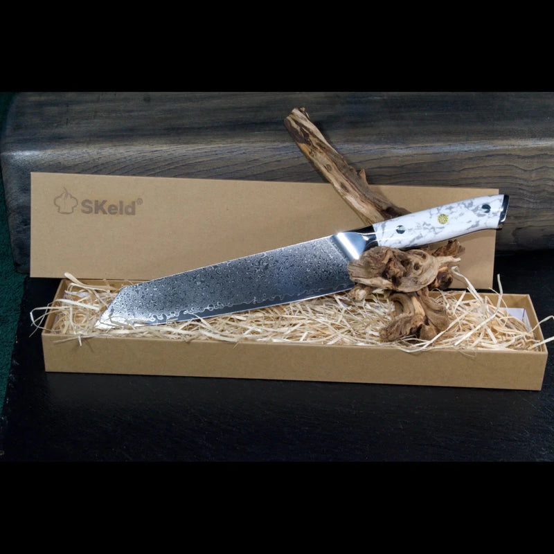 SKeld® Damast Kiritsukemesser mit weißem Howlith-Mineralgriff in Geschenkbox mit Holzwolle-Polsterung