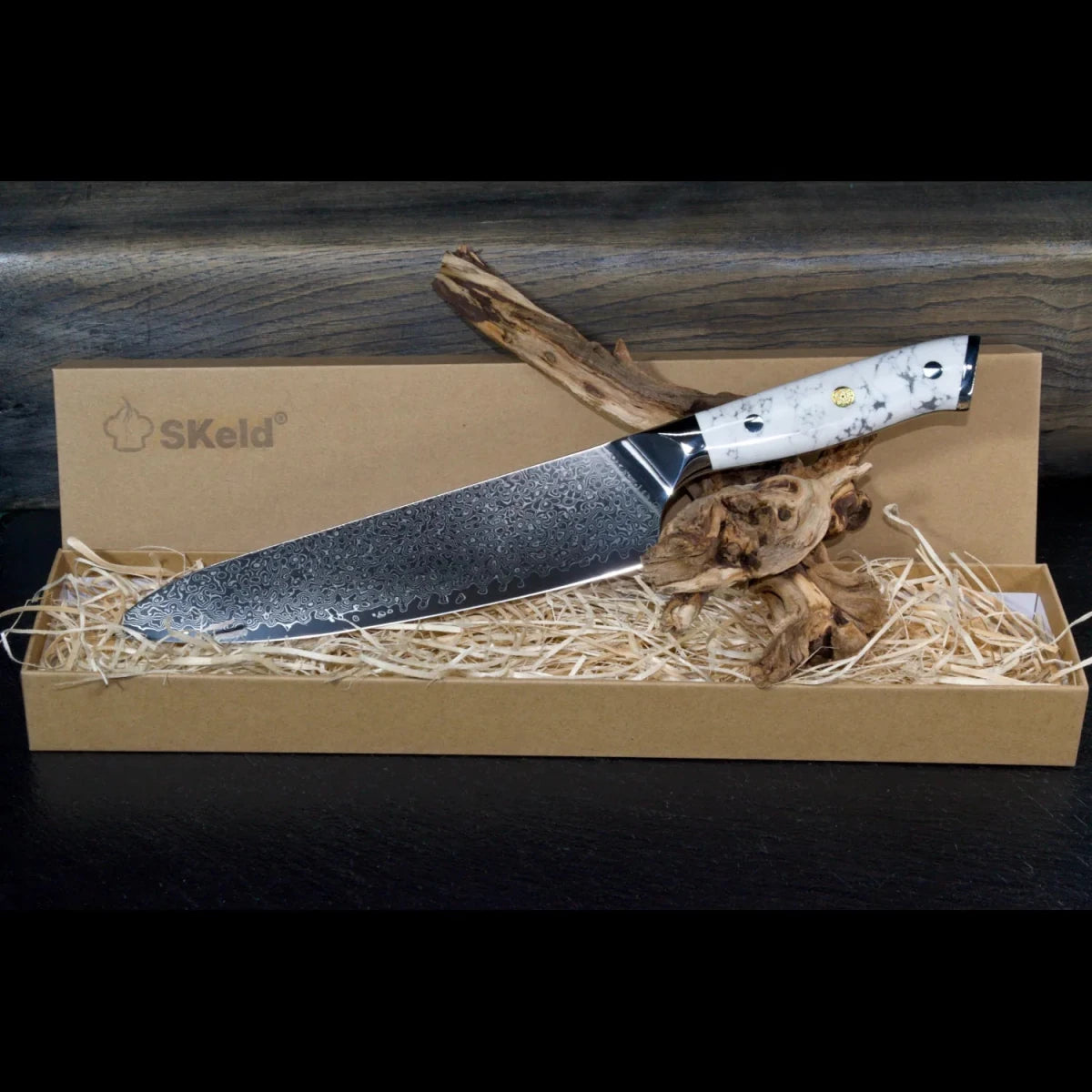 Damast Kochmesser 21 cm mit weißem Howlith-Mineralgriff in SKeld® Geschenkbox mit Holzwolle