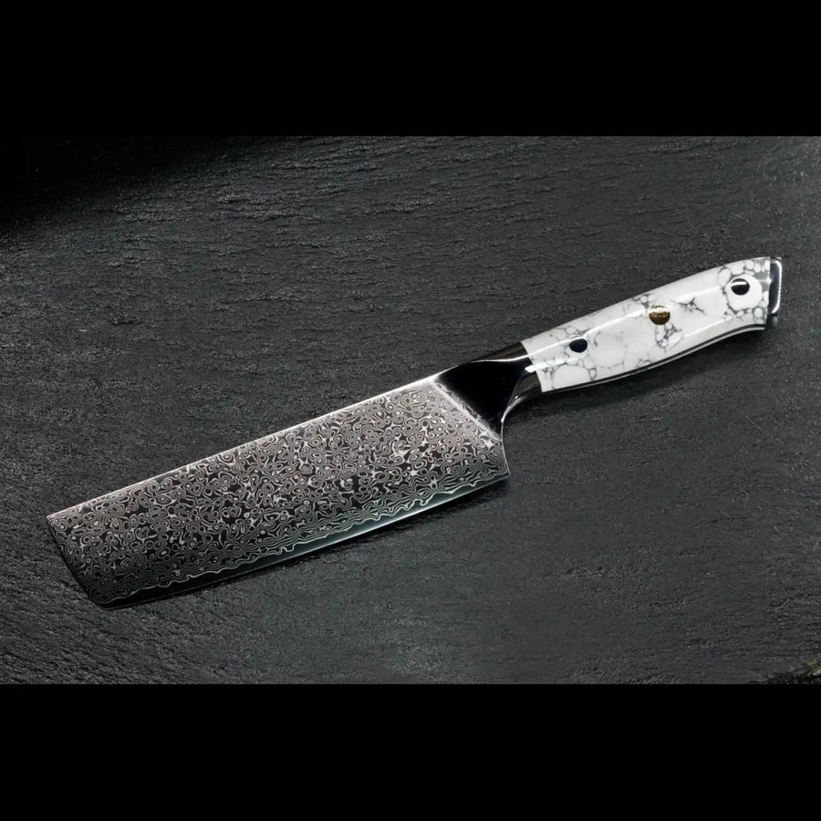 Damast Nakirimesser 17 cm mit weißem Howlith-Mineralgriff und silberfarbener Damastklinge