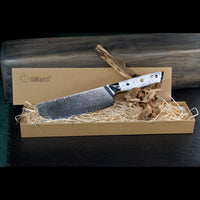 Damast Nakirimesser mit weißem Howlith-Mineralgriff in SKeld® Geschenkbox mit Holzwolle-Polsterung