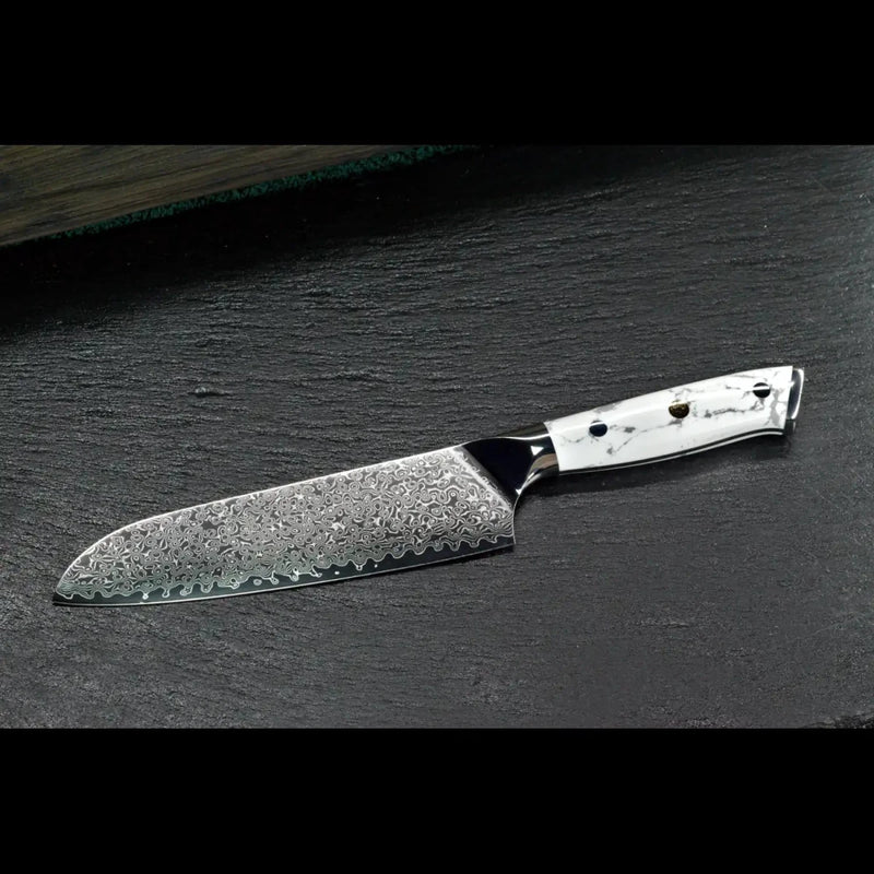 Damast Santokumesser 18 cm mit weißem Howlith-Mineralgriff und VG10 Kernstahl