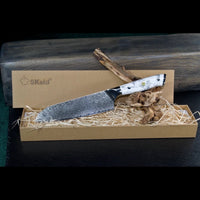 Damast Santokumesser 18 cm mit weißem Howlith-Mineralgriff in SKeld® Geschenkbox mit Holzwolle