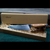 SKeld® Geschenkbox mit Holzwolle-Polsterung und Olivenholz Damast Kiritsukemesser