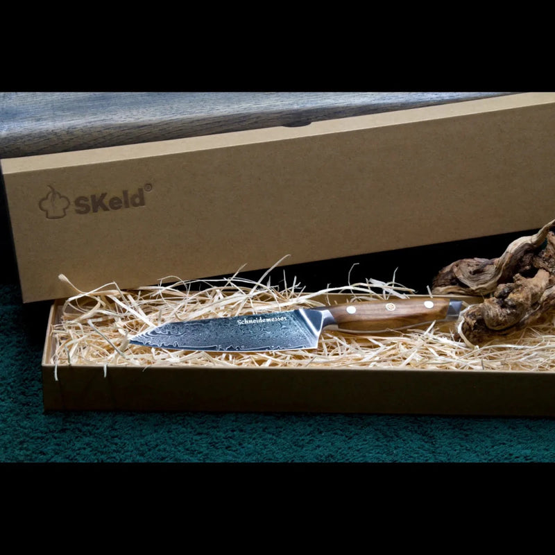 SKeld® Geschenkbox mit Holzwolle-Polsterung und Olivenholz Damast Allzweckmesser